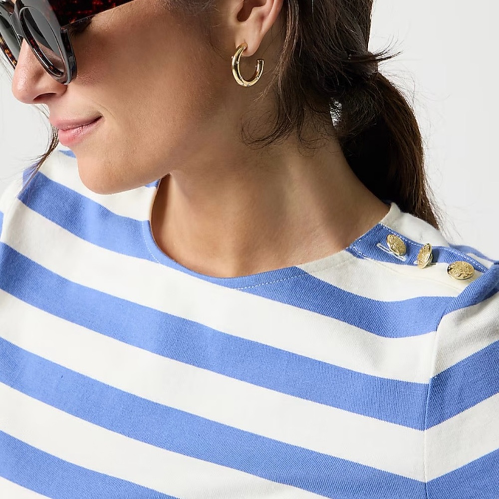 NWT! J Crew Factory Short-Sleeve Nautical Periwinkle/Ivory Button Shoulder Top - Picture 2 of 2